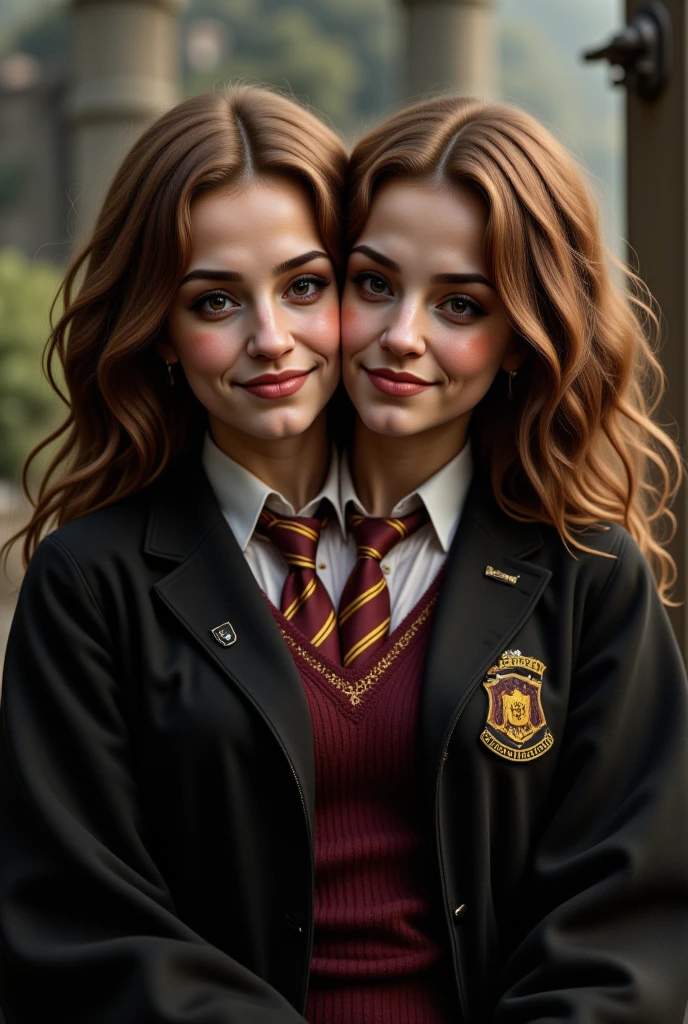 Conjoined dicephalus, (2heads), blonde, Dark hair, Glenn close as Hermione Granger, uniforme school howarts ,harry potter hermione,score_9, score_8_up, score_8, (ultra realistic,32k, masterpiece:1.2),(high detailed skin:1.1),( high quality:1.1), (curvy), high resolution, best quality, brown hair, long hair , hazel eyes,smiled,lolicon,howarts, large breasts, realistic
