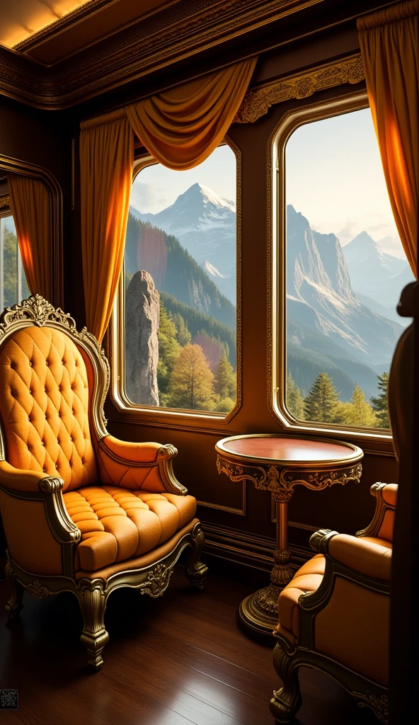  A realistic and detailed image of a Lion King train car the movie, in motion,  armchairs and other details inspired by Simba ,  The glass windows ,  outside have mountains and nature  