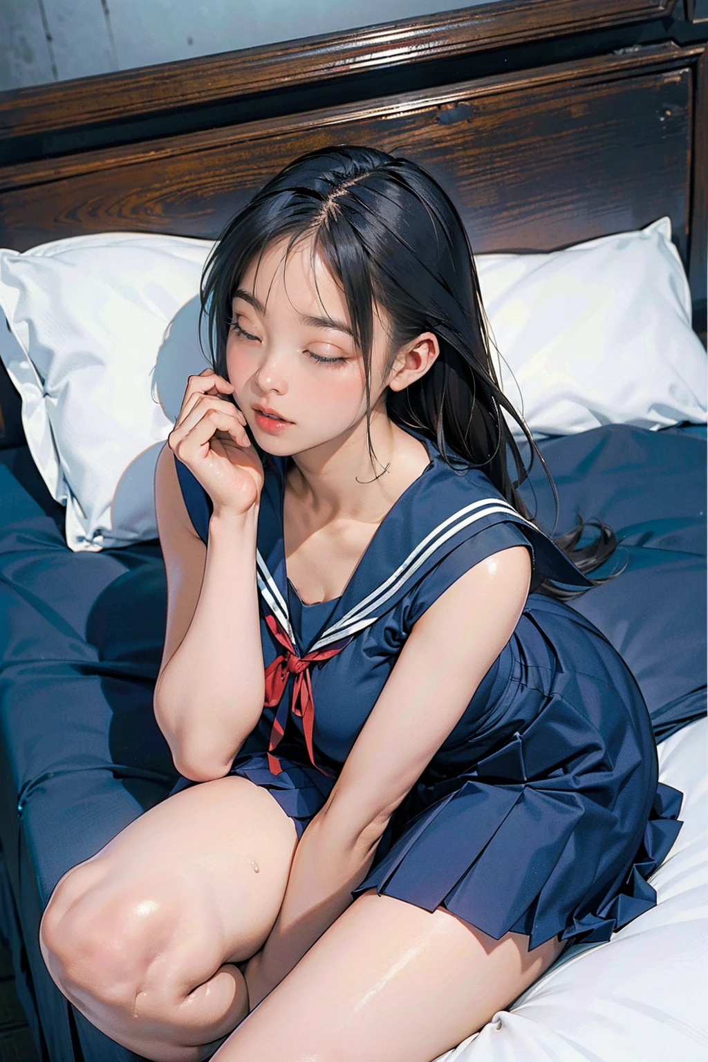 (professional portrait、professional writing)、highest quality, (anatomically correct arm:1.3), Detailed workmanship、high resolution、(8K, High resolution:1.2)、(RAW photo, photorealistic:1.3)、masterpiece、slender body shape、high definition face、Face is in focus、high definition eyes、(Focused, symmetrical pupils:1.2)、High-definition and beautiful skin、firm skin、natural makeup、gross lip, High-definition hair texture、 Japanese high school girl、17 years old、(sailor suit:1.3), (lying down on one’s back:1.3), (hugging own chest by arms:1.3), very cute, (very embarrassed:1.2), (blush:1.1), (afraid:1.3), (Glaring at the camera:1.3)、(shot from above), nsfw, open mouth:1.2、beautiful thighs