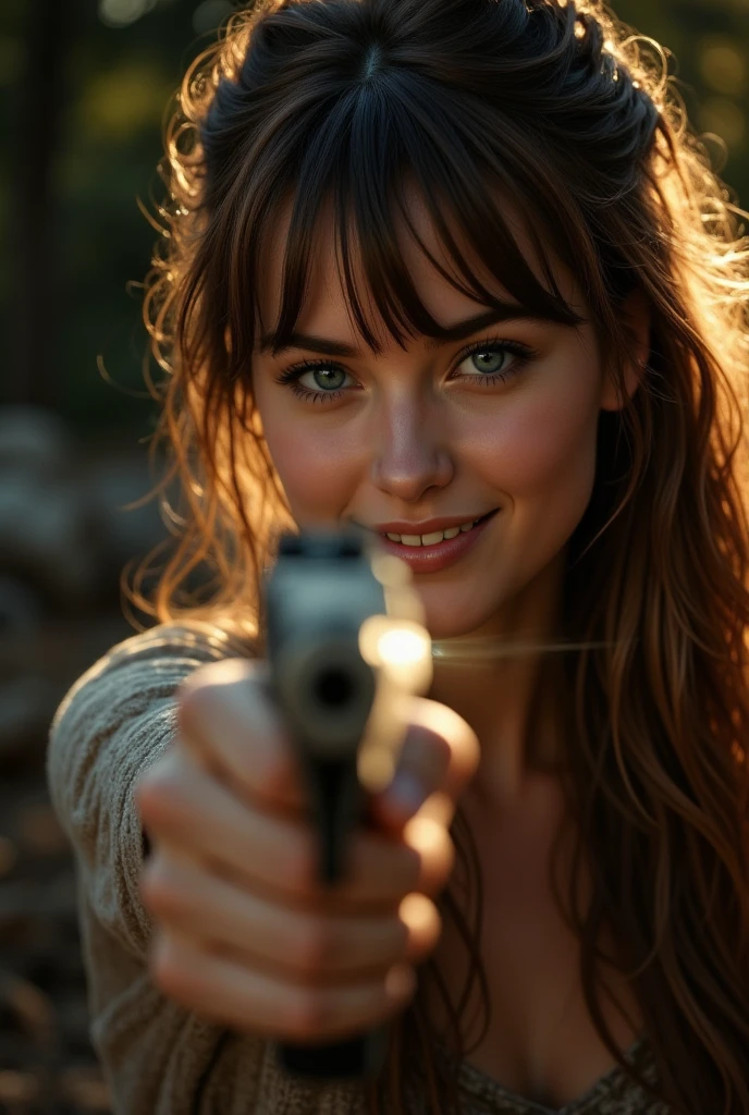 1 girl, shooting at the camera with a gun , long hair ,  Smile ,  blue eyes ,  Eye bangs,  Cowboy shooting , Fujifilm, Lens glare,  Flood lighting,  Dutch Golden Age painting, 