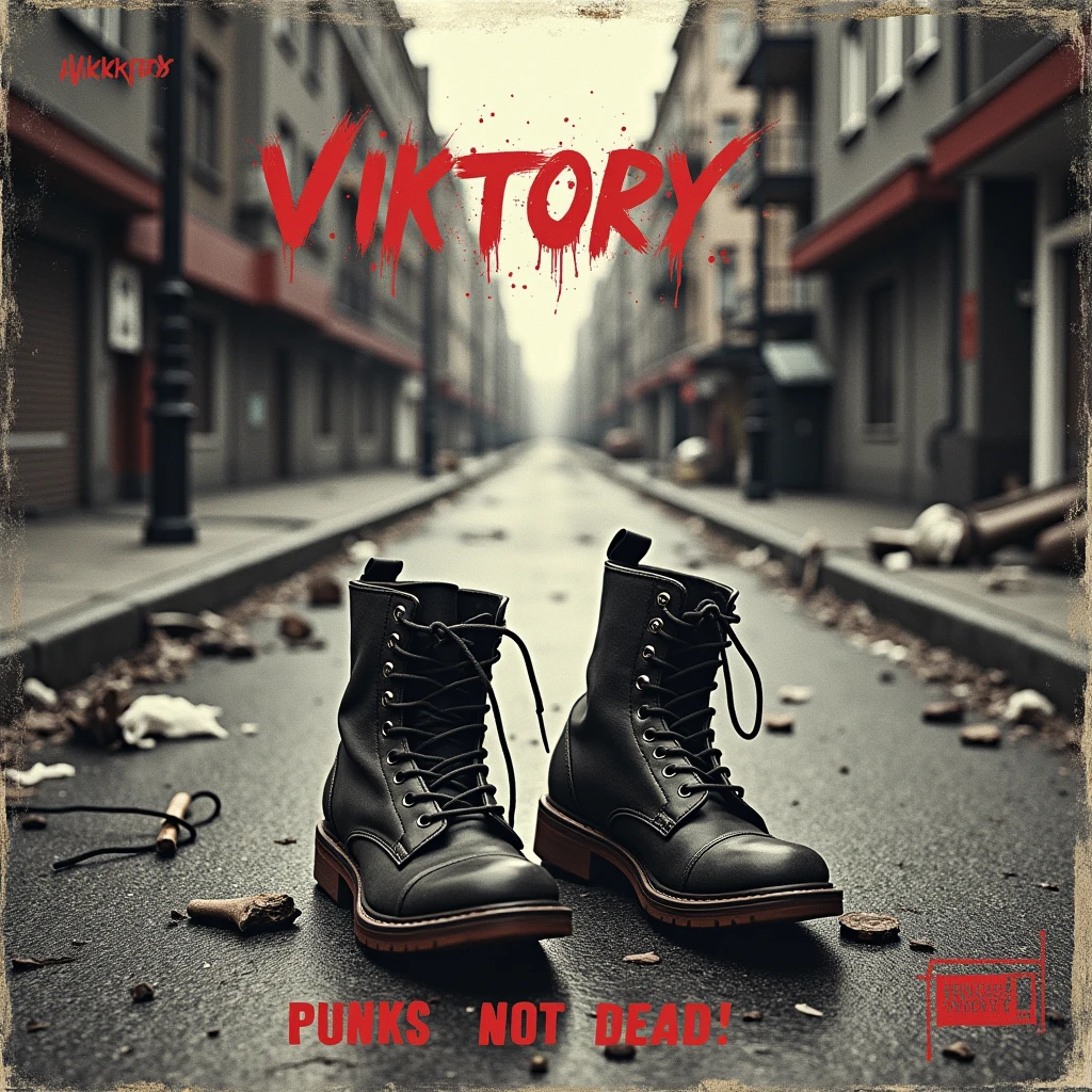  Album cover .  Photo inscription  "Viktory",   Photo inscription  Punks not dead. Ankle boots are lying on the asphalt,  street with garbage , symbols of the USSR , no people