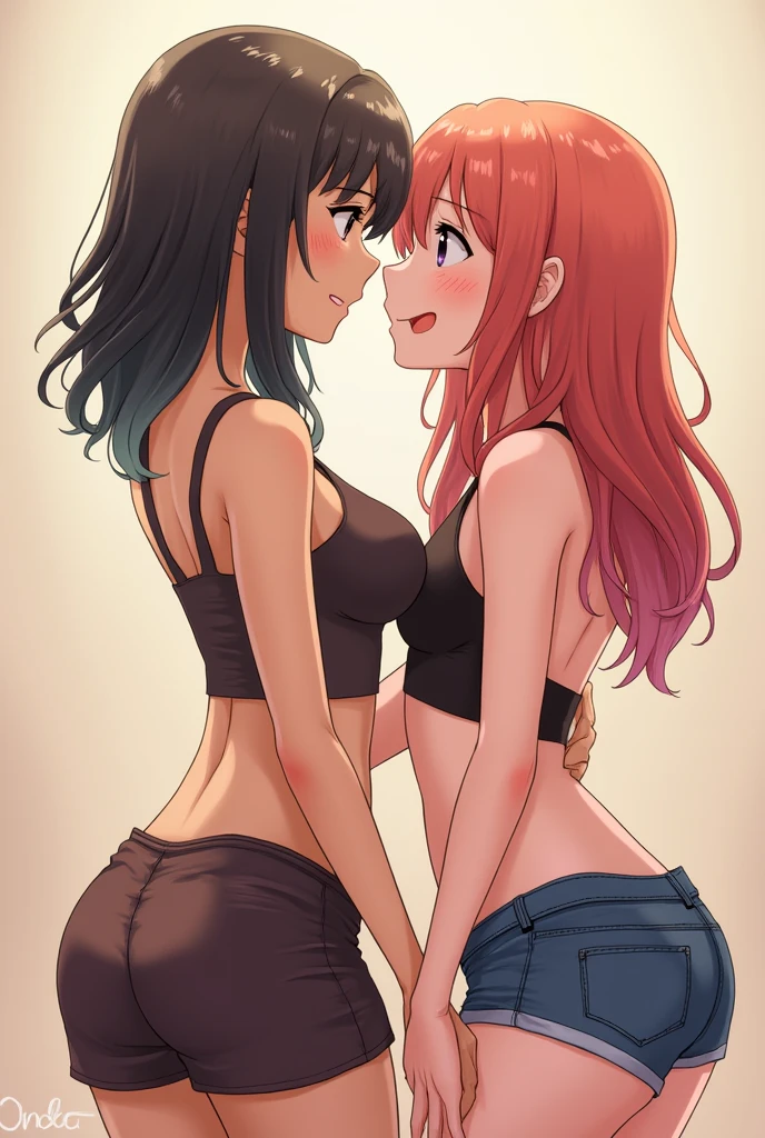 masterpiece, best quality, 2girls,((demon girls))  2 curvy women in   trapped in a locker. kissing, hug, (against wall), (sweat:1.2), steam, (blush), (saliva trail), large ass, from side, oni girls, oni horns, tight clothes, miniskirt, (first girl red hair long hair), (second girl black hair short hair), red eyes, red eyes, ((big breast)), [NSFW], ERO