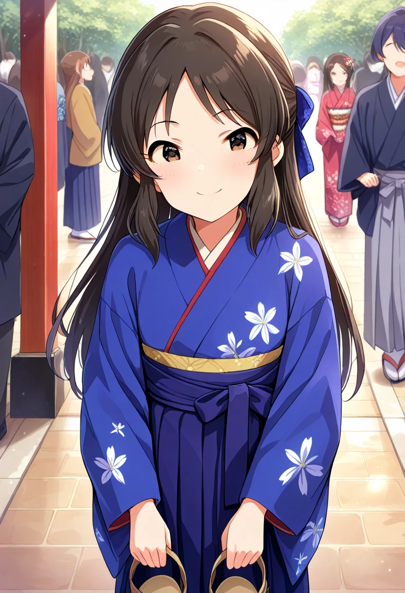 Turn your gaze to the viewer　 back view　 turn around　　winter　whole body　Multiple people behind 　shrine　 on New Year's morning　１ women　　Shrine maiden　Shrine maiden服　Long hakama length 　Sandals　Tachibana Arisu 　Deremasu　Deresute　 idolmaster　Characters top quality ,   Masterpiece  ,  super high res,　  beautiful legs　Beautiful upper body
　Beautiful lower body　　
Two perfect legs　 perfect five fingers beautiful eyes detailed eyes detailed face don't write women with young faces　no text　smile　 best smile 　