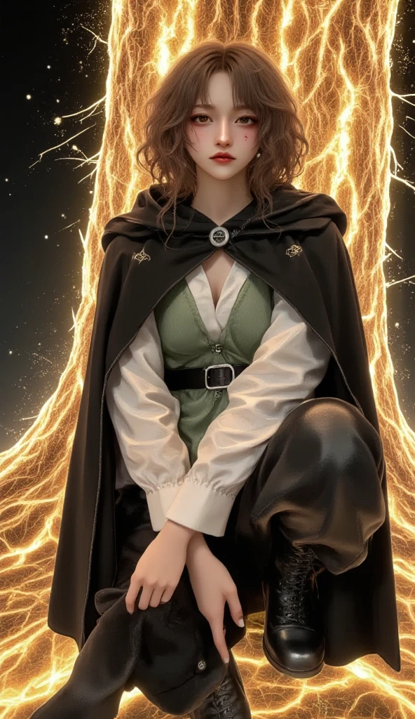 best quality, masterpiece, melina \(elden ring\),1 girl, solo, brown hair, curly hair, black cloak with hood,orange eyes,(Tunic with white inside and light green outside:1.5),belt,boots,full body, ashes and sparks in the air, (closed left eyes:1.5),(Scar on left eyes:1.5), 8k, high resolution, ultra detailed, professional digital painting, epic cinematic lighting, trending on artstation, 4k, hyperrealism, focused, extreme details, unreal engine 5, cinematic, masterpiece,There is a large golden glowing tree that seems to reach out into the universe, There are huge, golden trees that seem to stretch out into the universe, huge trees are huge horizontally and the size of swallowing stars,Girl resting under a giant tree, staring up at the giant tree