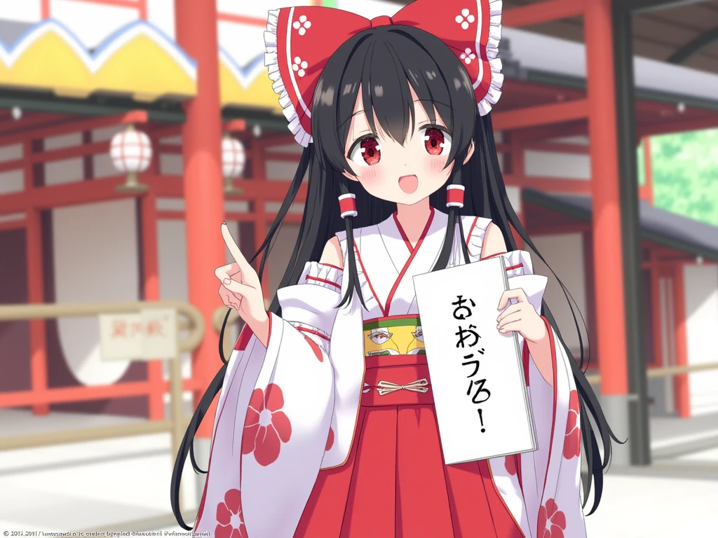 A digital illustration. Hakurei Reimu from Touhou dressed as a traditional Japanese shrine maiden. Her outfit is predominantly white with a red hakama, adorned with traditional patterns. She has long, straight black hair tied with an oversized red ribbon with white frills. She is holding a sign with the text, "Style by kani biimu". The background features elements of a traditional Shinto shrine, including wooden architecture and red-painted structures, set against a blurred backdrop of greenery. Drawn by kani biimu.  1 girl,  long hair,  from your hand and direct your gaze,  simple background , uniform