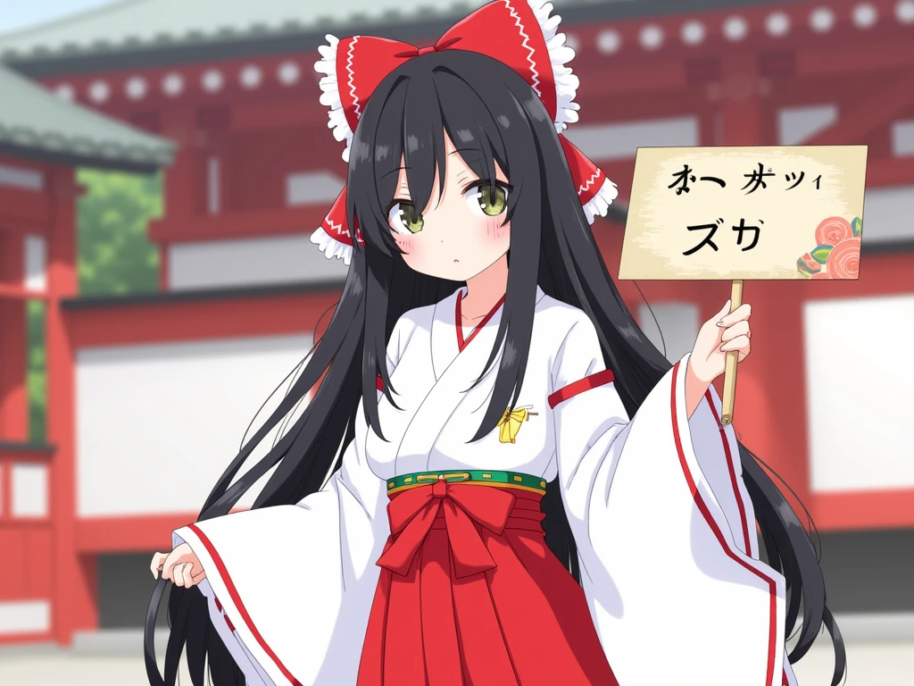 A digital illustration. Hakurei Reimu from Touhou dressed as a traditional Japanese shrine maiden. Her outfit is predominantly white with a red hakama, adorned with traditional patterns. She has long, straight black hair tied with an oversized red ribbon with white frills. She is holding a sign with the text, "Style by kani biimu". The background features elements of a traditional Shinto shrine, including wooden architecture and red-painted structures, set against a blurred backdrop of greenery. Drawn by kani biimu.  1 girl,  long hair,  from your hand and direct your gaze,  simple background , uniform