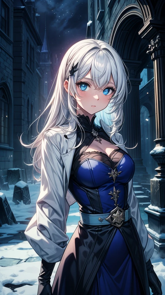最high quality、Ultra High Definition, Ultra High Quality, Hyper Definition, Hyper Quality, Hyper Detailed, Extremely Detailed, Perfectly Detailed, Best image quality、masterpiece、woman((40-year-old、 Blue glowing eyes, Silver Short Curve Hair、Disheveled Hair、Curve White Hair、Women's Victorian Dress, Lips, Long Gloves, Strict Expression, Stone Necklace Bead)),high quality、Beautiful art、background((Inside the mansion))、Written boundary depth、movie、Visual Arts、Perfect art、8K,Genuine、