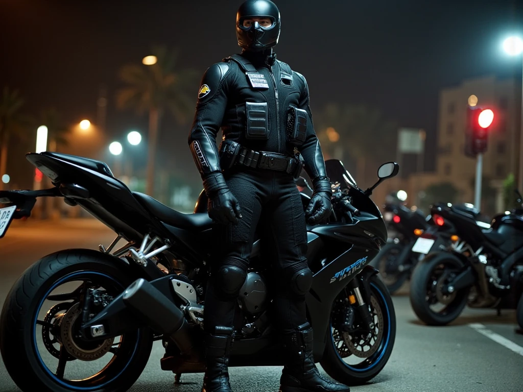 A full-body image of a muscular adult male dressed in police tactical gear, PTU-style, wearing a black leather full-body suit, mask, and tactical boots. The sleek leather outfit provides full coverage, exuding a dark and intense atmosphere. The scene is illuminated by low light, casting dramatic shadows that enhance the mysterious and powerful presence. He stands beside a heavy-duty police motorcycle, ready for action. The composition emphasizes his commanding stance and the tactical precision of his gear,Future City Technology,blending a sleek, futuristic aesthetic with a gritty, law enforcement vibe.Cyberpunk City Streets

