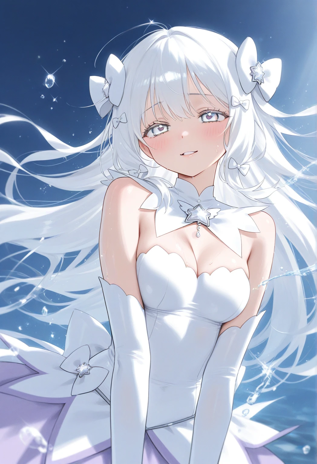 white magical girl outfit，white hair bows, silver eyes, long white hair, gentle expression, water sparkles, average breasts