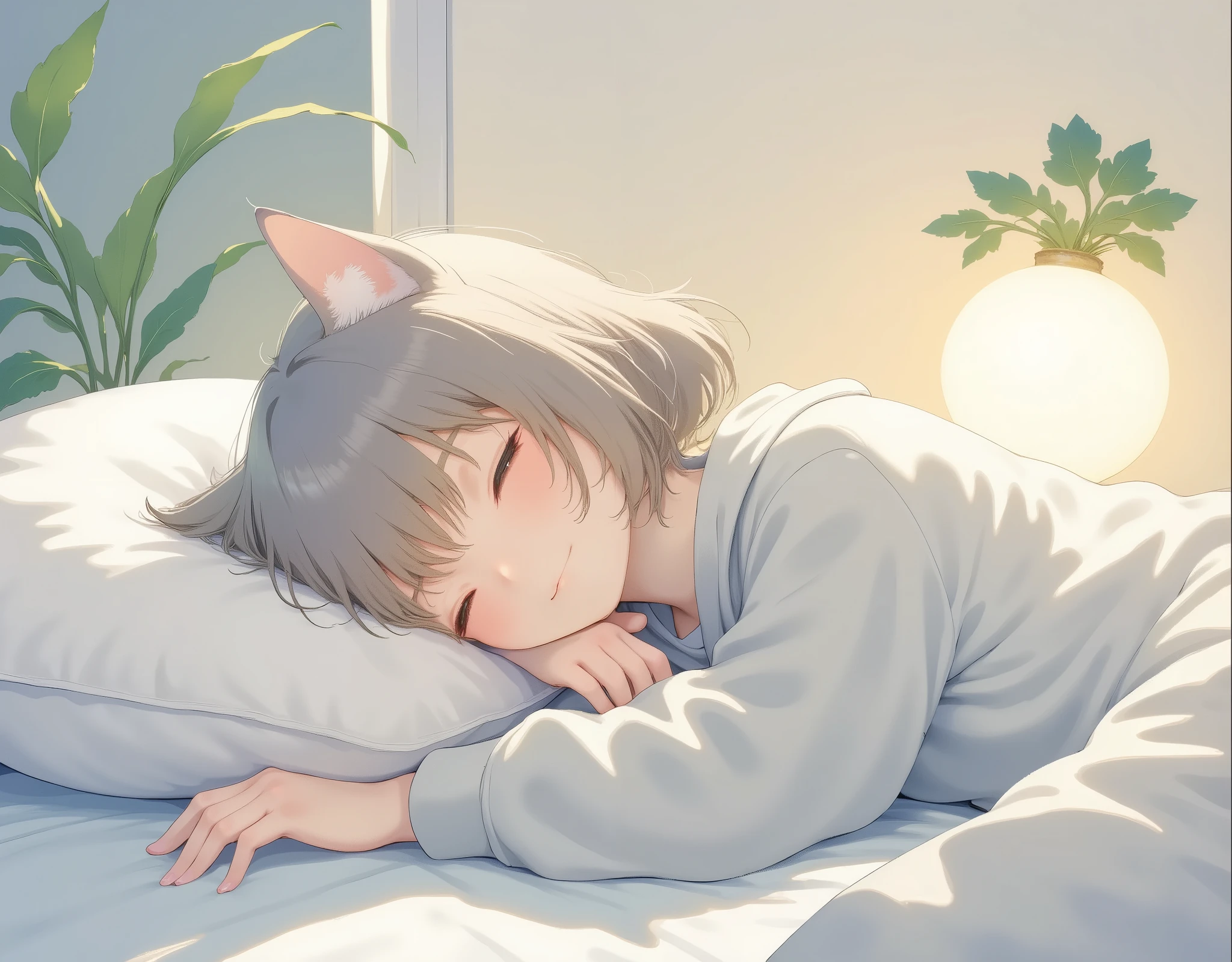 (masterpiece:1.2,EXCEPTIONAL QUALITY ,Mirror finish,  Cinematic Experience, best illustration ),8k,16k,(wallpaper),(Cat ear girl:2.0),(Cat girl:2.0),(anime:2.0),(Cat ear girl wearing grey sweatshirt hoodie:2.0),(Lying on the bed :2.0),(Looks sleepy:2.0),(morning),(Warm sunshine shining through the window :2.0),(Healing:2.0), Very simple design  ,(anime artwork:2.0),(Cute design:2.0),(A radish shaped indirect light is placed beside the bed:2.0)