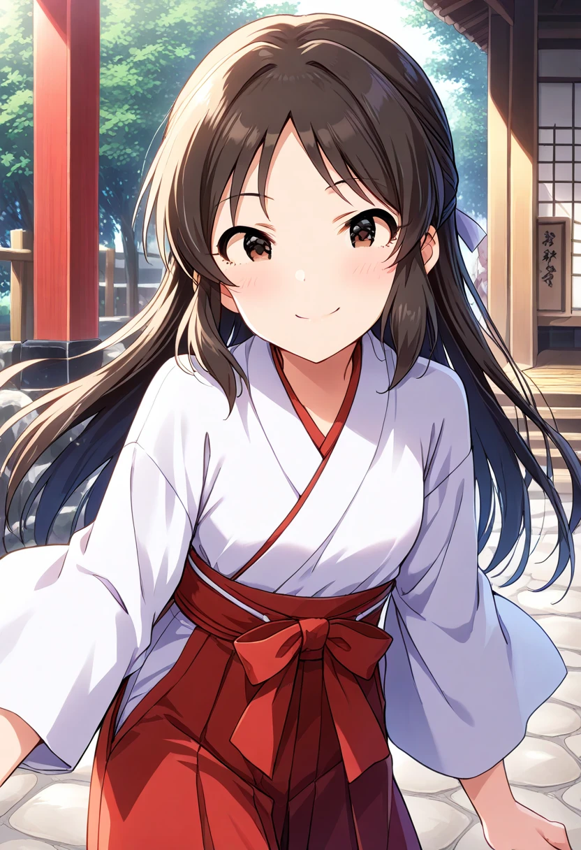 Turn your gaze to the viewer　 back view　 turn around　　winter　whole body　Multiple people behind 　shrine　 multiple people behind 　１ women　miko　Shrine maiden　Shrine maiden服　Long hakama length 　Sandals　Tachibana Arisu 　Deremasu　Deresute　 idolmaster　Characters top quality ,   Masterpiece  ,  super high res,　  beautiful legs　Beautiful upper body
　Beautiful lower body　　
Two perfect legs　 perfect five fingers beautiful eyes detailed eyes detailed face don't write women with young faces　no text　smile　 best smile 　