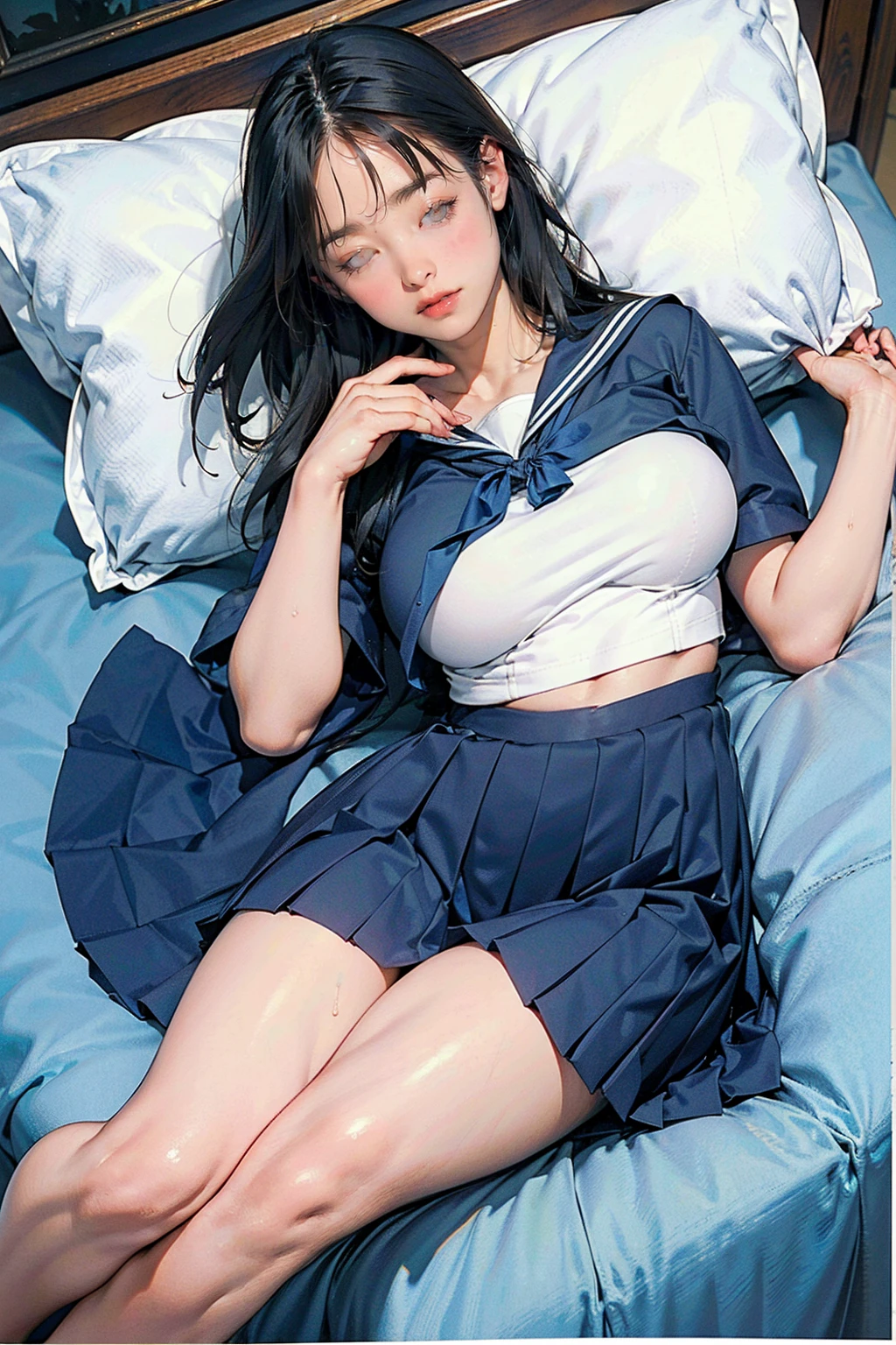 photorealistic, photorealistic, Japan person, 22 year old beautiful woman, full body, on bed, dream cute, pastel, ruffles, white blouse, long skirt, white ankle socks, cute face, cute: 2, lovely and cute, loosely wavy black hair, ribbon, blue skirt, ribbon tie --auto --s2