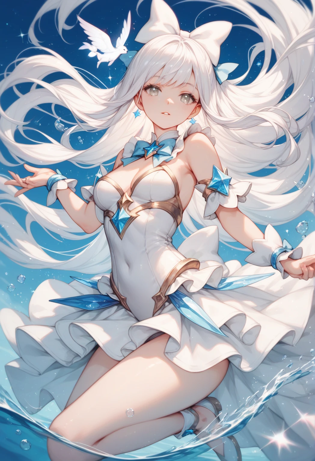 white magical girl outfit，white hair bows, silver eyes, long white hair, gentle expression, water sparkles, average breasts