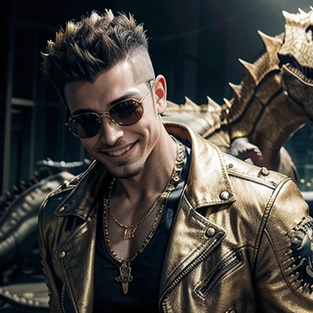 masterpiece, best quality, ultra-detailed, realistic, (1man, gold mohawk, smile:1.3),(black leather jacket),(sunglass),(nacklace), (metal dinosaur:1.4), BREAK (cinematic lighting:1.3)