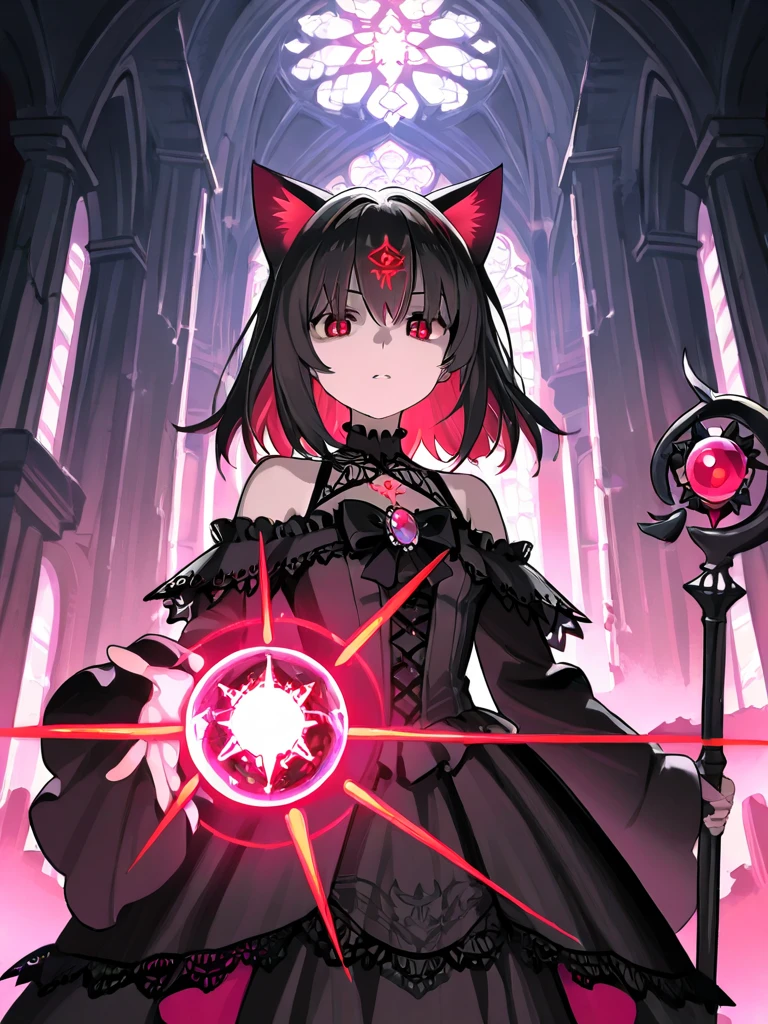 A gothic cat-eared witch with deep red eyes and a black lace gown stands in the ruins of an ancient cathedral. Her cat ears are adorned with glowing runes, and she holds a staff with a crystal orb, radiating dark energy. In the background, cat spirits move through the shadows.