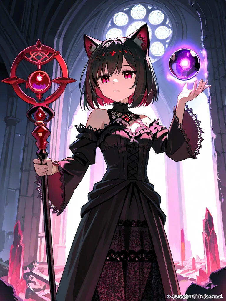 A gothic cat-eared witch with deep red eyes and a black lace gown stands in the ruins of an ancient cathedral. Her cat ears are adorned with glowing runes, and she holds a staff with a crystal orb, radiating dark energy. In the background, cat spirits move through the shadows.