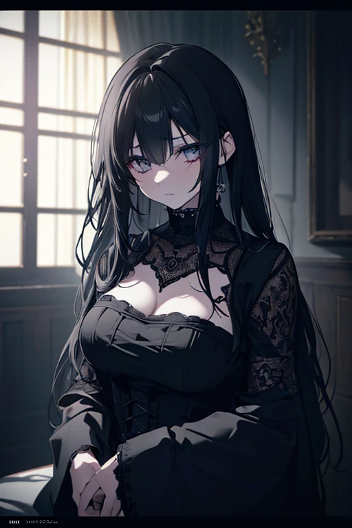 whole body, bloody axe, Stained with blood spattered at close range, Blood stains left after the splash, sickly, black dress, face veil, mansion, hall, absurdres, RAW photo, extremely delicate and beautiful, masterpiece, Best Quality, ultra high resolution, 32k, hyperrealistic, ultra-detailed description, pale skin, 20 years old, detailed beautiful face and eyes, tearful mole, earring, Colossal tits, short medium wavy hair,