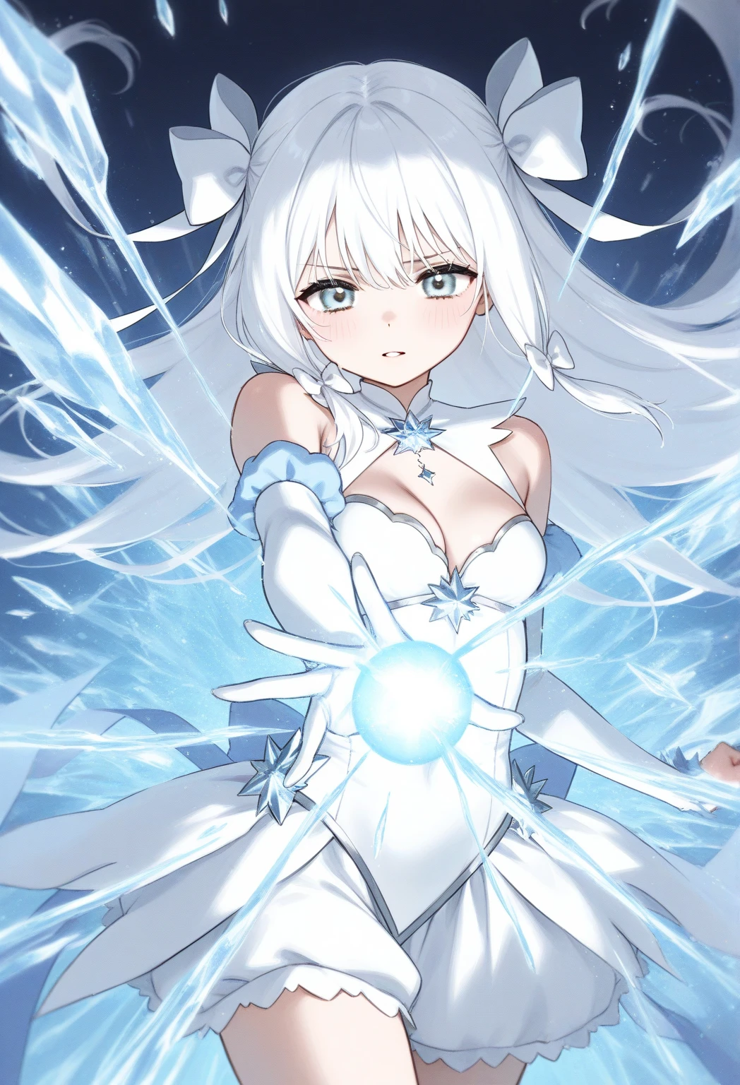 white magical girl outfit，white hair bows, silver eyes, long white hair, ice magic, gentle expression, water sparkles, average breasts