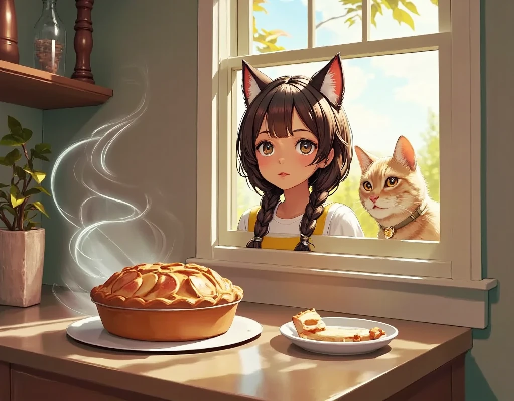 masterpiece, top quality :1.2,(A girl and a cat are drawn at the back of the window sill),(open her mouth wide),(drool from her mouth),（ she has big black eyes),(she stares at the apple pie),apple pie on the kitchen table ,smoke,alone,girl,cat-eared girl,she peeks into the kitchen through the window,her hair is dark brown, braids, beside a calico cat , The cat has a bell collar ,gentle and cute illustration,focus on girl's face,high details,