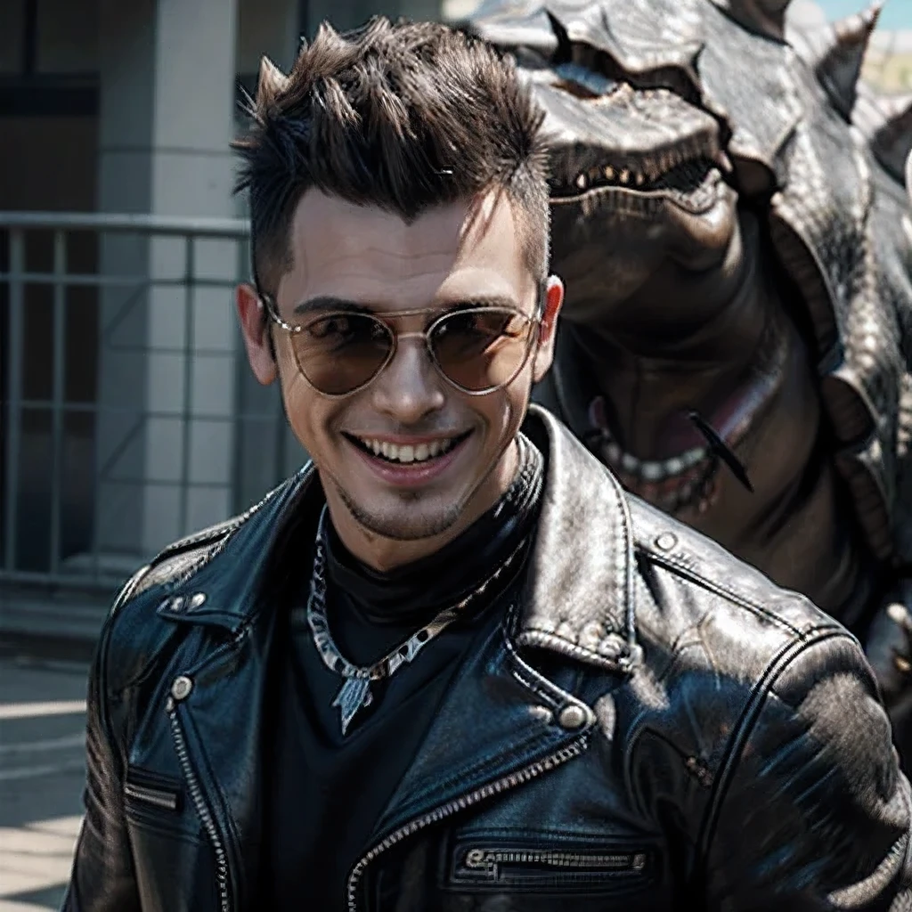 masterpiece, best quality, ultra-detailed, realistic, (1man, gold mohawk, smile:1.3),(black leather jacket),(sunglass),(nacklace), (metal dinosaur:1.4), BREAK (cinematic lighting:1.3)