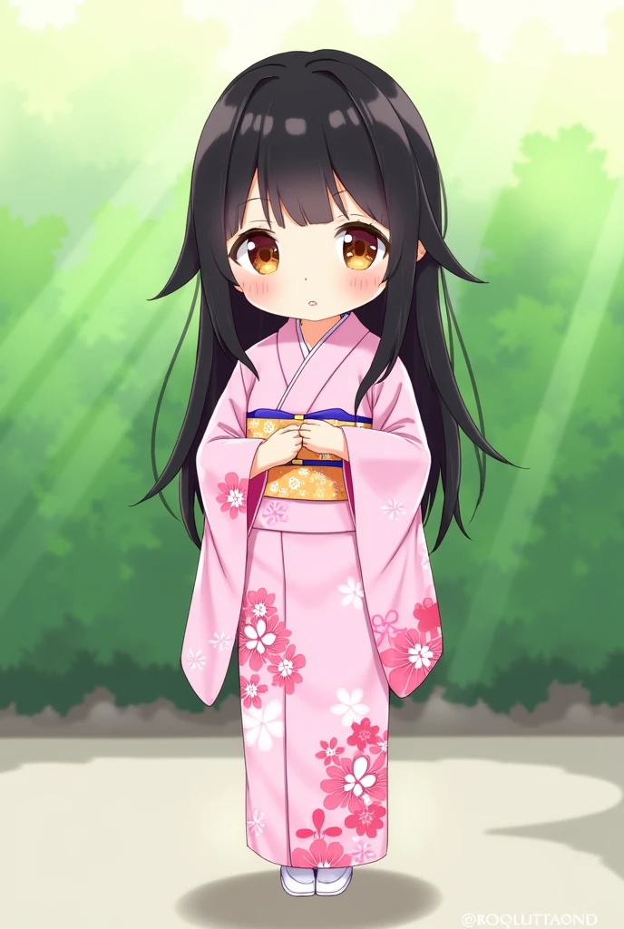 1girl,flower pattern , pink kimono,black hair,brown eye,long hair,chibi,standing, put hands on body, full body,green background