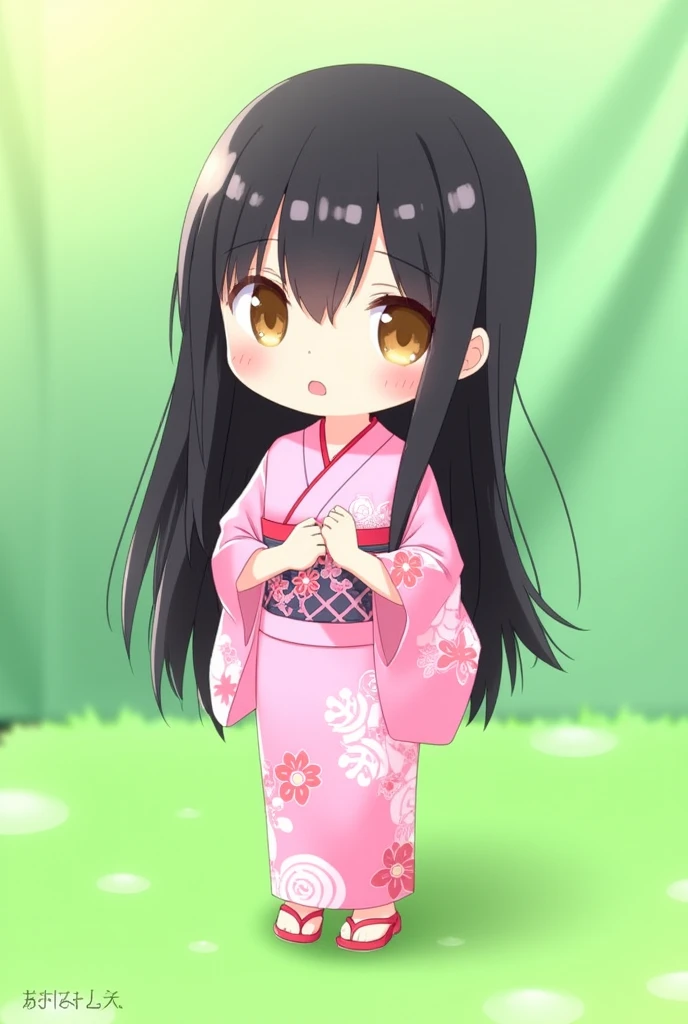 1girl,flower pattern , pink kimono,black hair,brown eye,long hair,chibi,standing, put hands on body, full body,green background