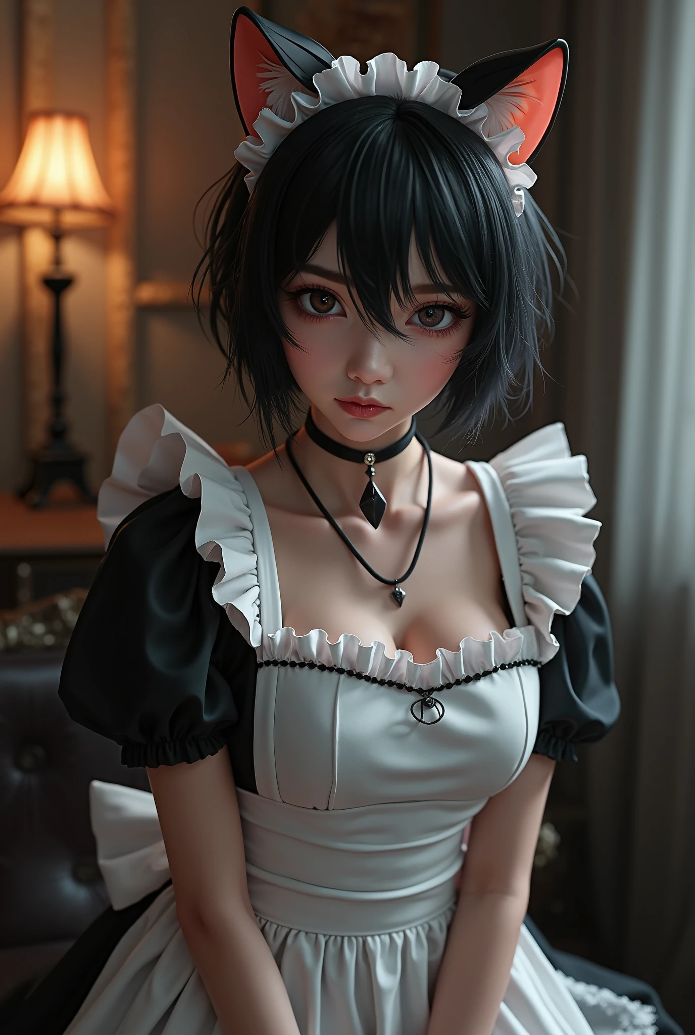 A maid with short black hair has her eyes closed and shows off her breasts while being a little embarrassed.