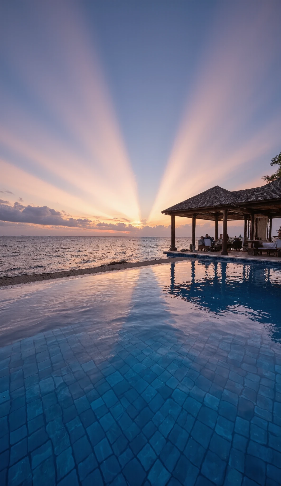 Phone photo of a luxury paradise pool in the crystal ocean at dawn, real photography, overexposed, underexposed