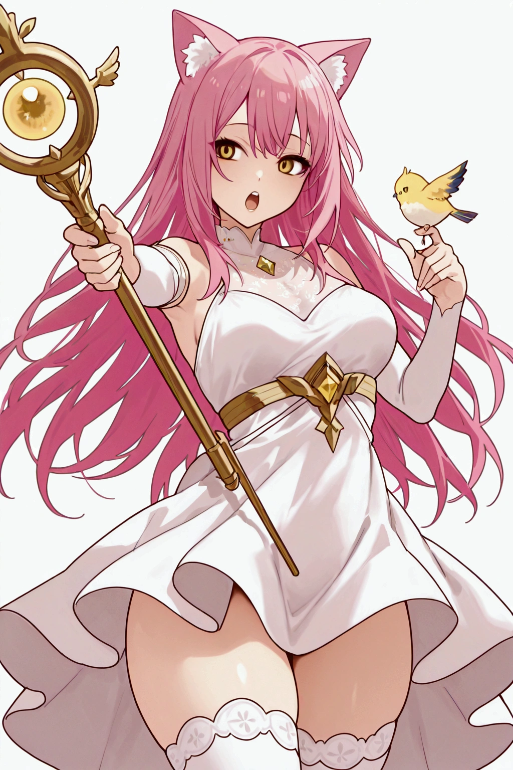 alone, girl, girl with cat ears, long pink hair, yellow eyes, open mouth, teeth, calmly looking to the left, raising one arm holding a small bird in her palm, staff in right hand, white dress, medium breast , white mid-thigh dress, elegant thighs., high quality, feminine, perfect, dinámic action pose,, action perspective, 