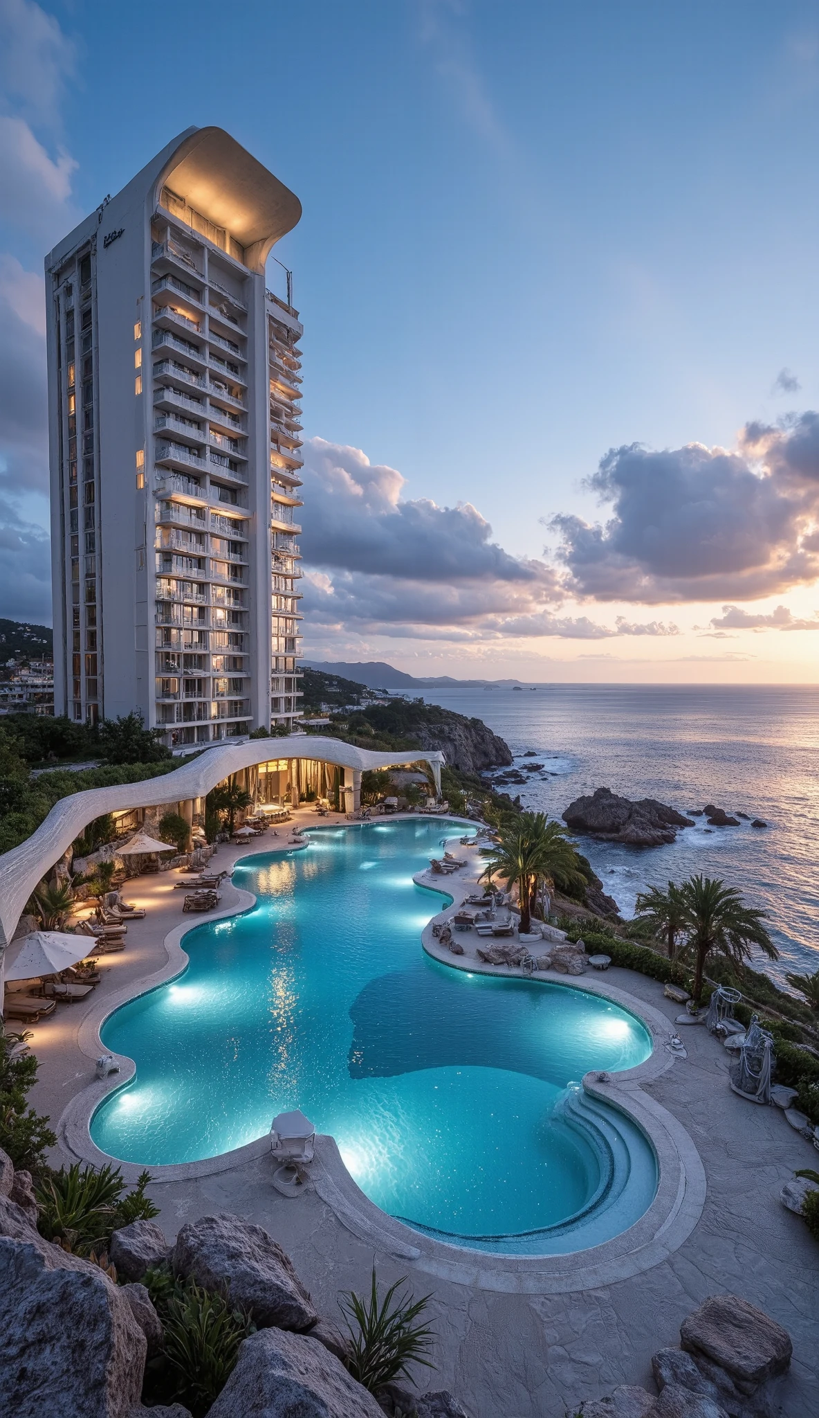 Phone photo of a luxurious futurisric designed hotel featuring a paradise pool in the crystal ocean at dawn, real photography, overexposed, underexposed