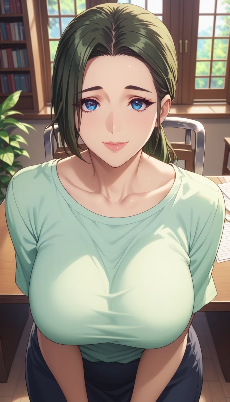 (masterpiece, best_quality:1.2), 1girl, solo, mature female, dark-green hair, low ponytail, (officework), beautiful eyes, looking at viewer, large breast, wide hips, above view, cowboy shot, standing, leaning forward, beautiful, smile, serene expression, intricate details, detailed background, indoors, desk, chair, workspace 