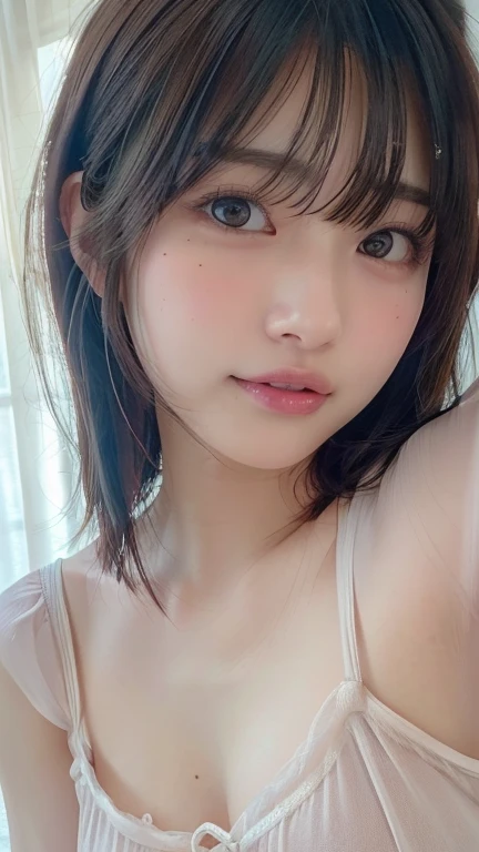 ((masterpiece,  top quality ,  high res)),  1 Japanese Girl , ( realistic : 1.4),  excited、 Amazing Face , glossy lips 、 short hair, Brown Hair、( beautiful hair:1.5), sheer、 negligee 、 beautiful legs、 on the bed、staring、 front angle, smooth,  Highly Detailed CG Composite 8K Wallpaper,  high resのRAWカラー写真, Professional photography, light, Backlight,  dreamy, Impressive,  written border depth, ( face close-up :1.5)、 small tits、mole、 selfie、 teardrop bags、 open her mouth 、Armpits、blush、 angel smile