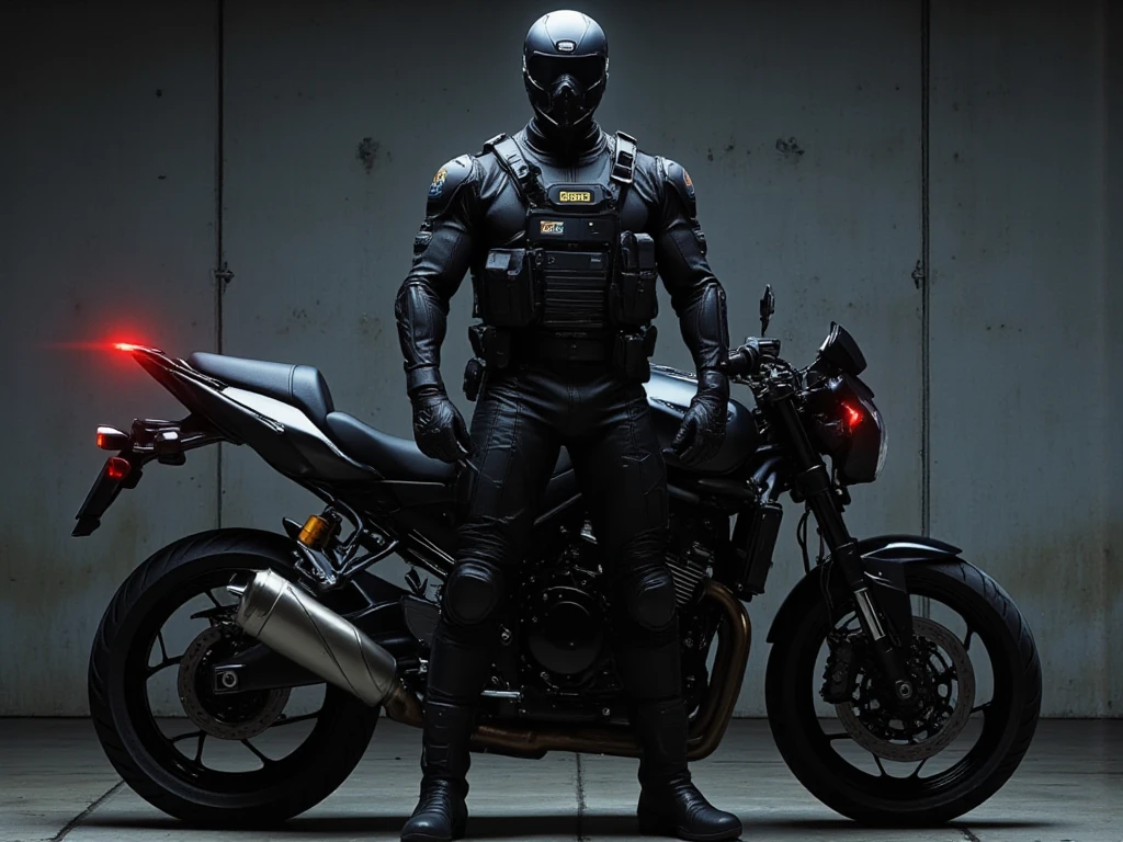 A full-body image of a muscular adult male dressed in police tactical gear, PTU-style, wearing a black leather full-body suit, mask, and tactical boots. The sleek leather outfit provides full coverage, exuding a dark and intense atmosphere. The scene is illuminated by low light, casting dramatic shadows that enhance the mysterious and powerful presence. He stands beside a heavy-duty police motorcycle, ready for action. The composition emphasizes his commanding stance and the tactical precision of his gear,Future City Technology,blending a sleek, futuristic aesthetic with a gritty, law enforcement vibe.Cyberpunk City Streets

