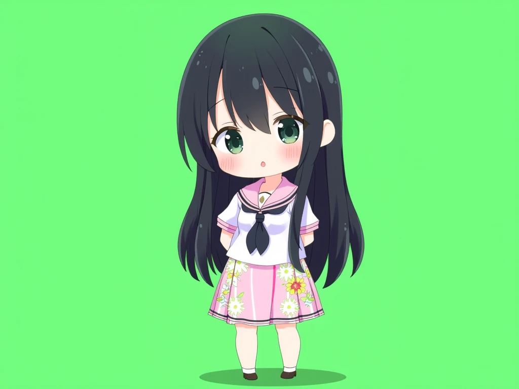 1girl,flower pattern , seihuku,black hair, black eye,long hair,chibi,standing, put hands on body, full body,green background