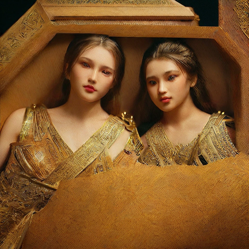 Two Korean girls is lying in box coffin, (pillow in coffin), (all girls head on pillow), (high quality), (masterpiece), (detailed), 8K, realistic photo,photorealistic,hyperrealistic,intricate details, (depth of field,bokeh:1.2), (((((she wears vividly colored ancient greek clothing:2)))), (((rpg armor))), ((rpg suit)), full body portrait of an 18 year old white girl, fully nude,  show boobs, show pussy, show legs, ((show full body)), (full body in portrait:1.8), cute, adorable, perfect radiant skin, thin, slender, petite, , updo hairstyle, loose strands, light brown hair with highlights, , tight body, innocent, perfect face, beautiful face, big hazel eyes, long detailed eyelashes, perfect proportions,  shy subtle smile, innocent expression, nude, night, dark, moody,  thick thighs:0.8, perfect round ass, chiaroscuro, low-key,  cinematic film still, shallow depth of field, highly detailed, high budget, cinemascope, moody, epic, OverallDetail, gorgeous, RAW photo, photorealistic, candid camera, color graded cinematic, eye catchlights, atmospheric lighting, skin pores, imperfections, natural, shallow dof, shadowislexl, armored, glowing, ghostly, , (absolute cleavage:1.2), (large breast:1.2), (closed eyes:1.2), (cleavage cutout:1.2), (straight legs:1.2), (box coffin:1.5), (deep coffin:1.5), (perfect hands:1.5), gini_s2