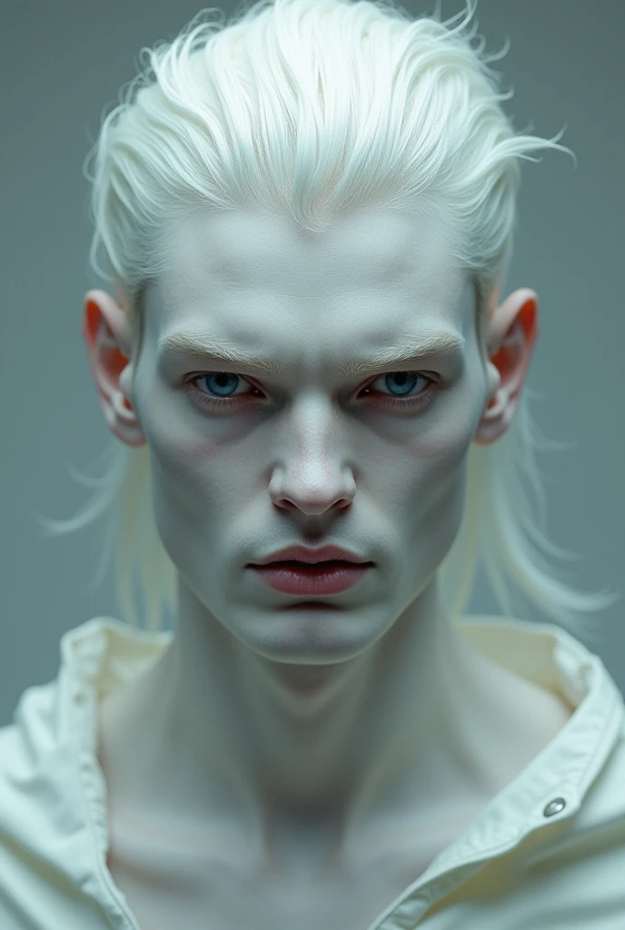 (masterpiece, best quality, 4k, hyperrealistic, dreamlike, Dark Souls:1.35), (pale albino ageless immortal weak slender androgynous male parasitic impotent god with claws fangs long hair beautiful eyes flat chest male crotch bulge weak stomach and groin pain, looking into mirror:1.5)