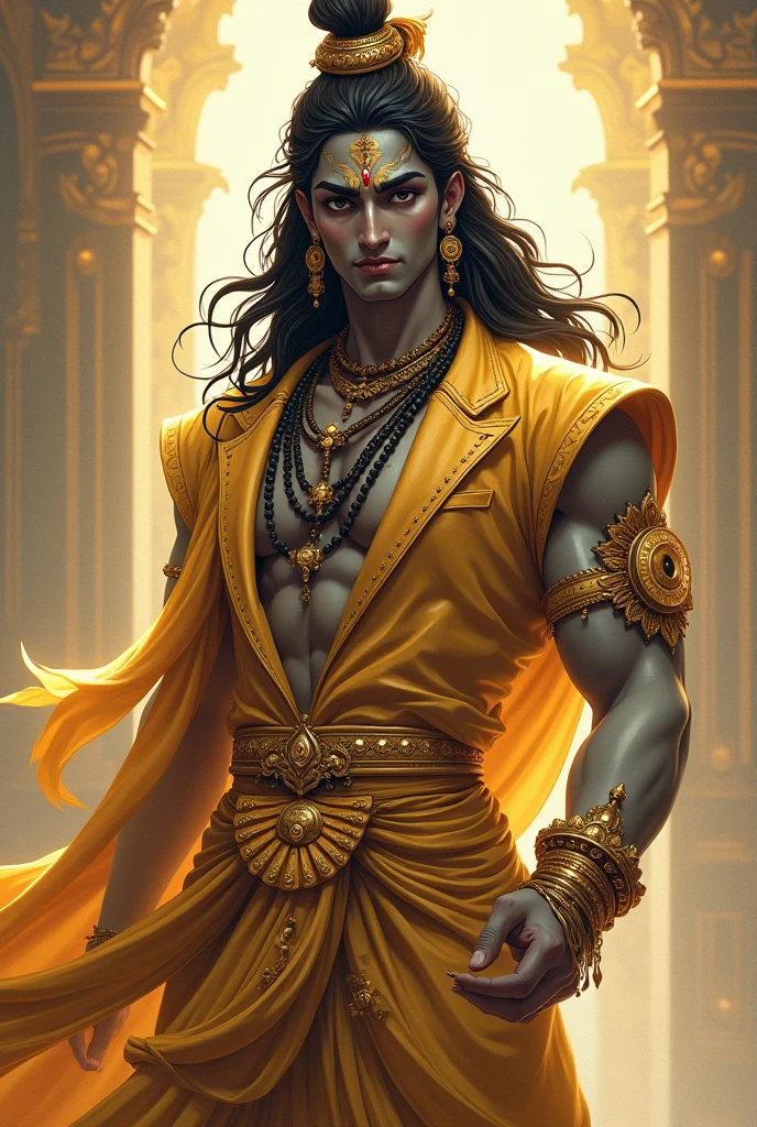 Create a detailed and expressive painting of an earth god with characteristics representing strength and wisdom, giving off a sense of power, it may be associated physically with the war god Ares and more with a Greek deity. The deity should be depicted in the foreground, with a proud and victorious smile, showing confidence and authority. His expression is not calm, but reflects intensity and determination, with eyes wide open and focused. The deity's features include black hair, light green eyes and ornaments typical of the earth element, as well as white skin, looking very much like a handsome Greek god. Make sure these ornaments reflect the essence of the earth, incorporating elements such as stones, vines or natural motifs, wood. The background should feature shades of brown, dark green and orange, blending to evoke the earthy mood against a black background. Use shading and textures to accentuate the strong presence of the deity and the ruggedness associated with the earth element. Use lighting to highlight the deity's facial features and depth of expression, creating a compelling contrast with the earth-toned background. The artistic style should emphasise intricate detail and a sense of ancient wisdom, ensuring a composition that feels both formidable and deeply connected to the earth element.
