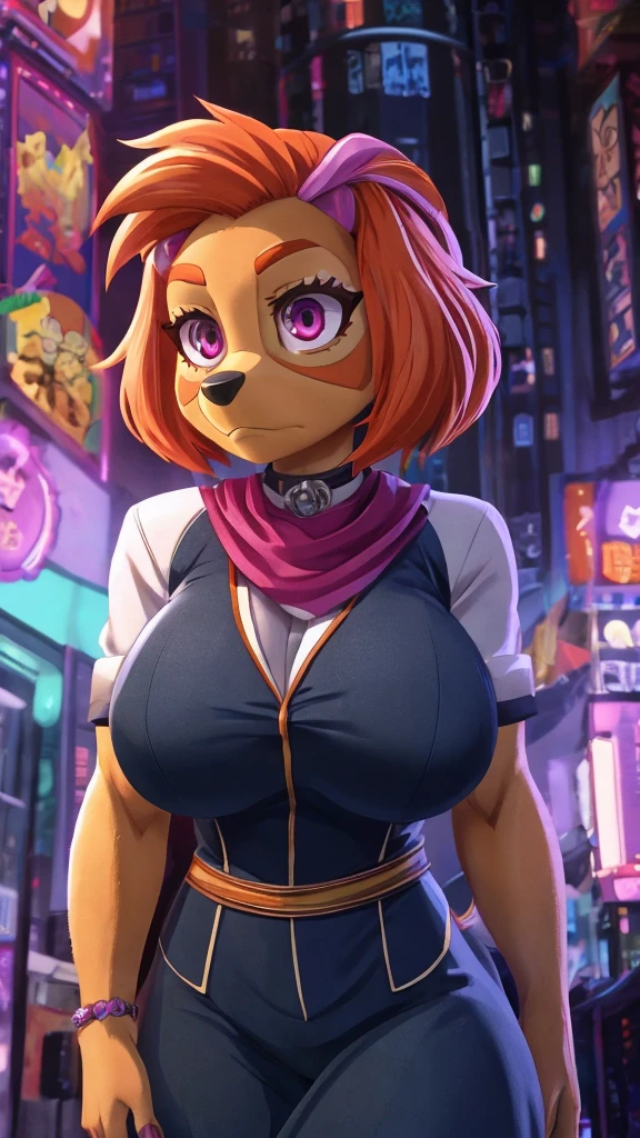 Skye from Paw Patrol, female cockapoo, anthro, mature adult, short stature, large breasts, thicc, standing, magenta eyes, orange hair, detailed, solo, beautiful, serious, high quality, anime, 4K