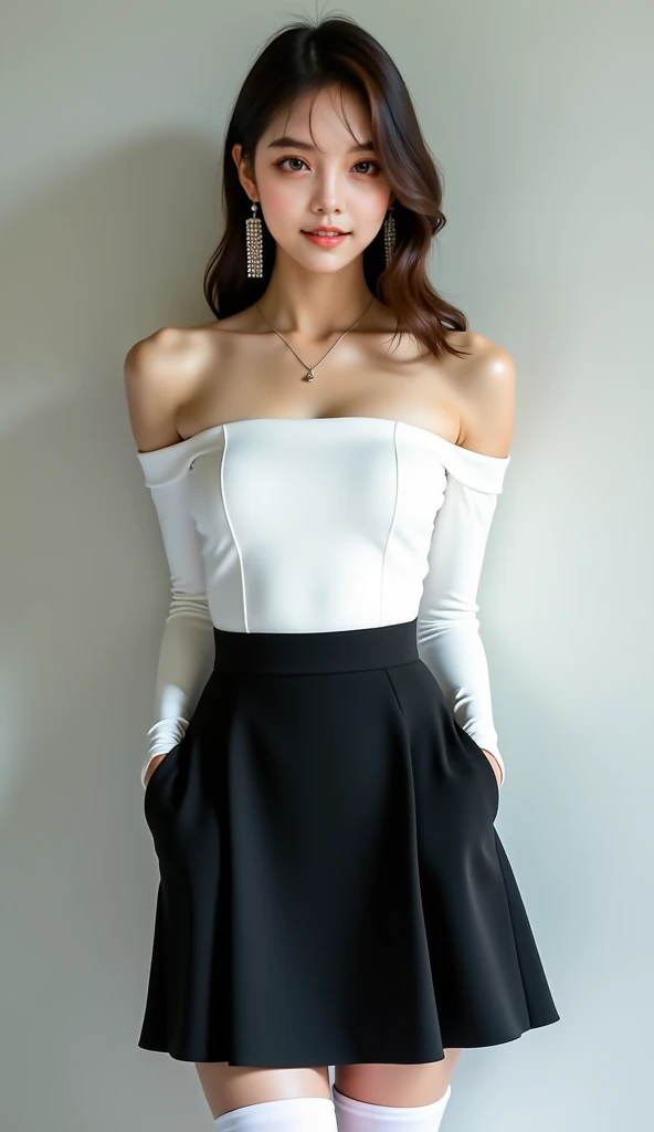 (((Perfect body,White and tender skin,(((White wool cardigan and black skirt,))),((masterpiece)),high resolution, ((Best quality at best)),masterpiece,quality,Best quality,