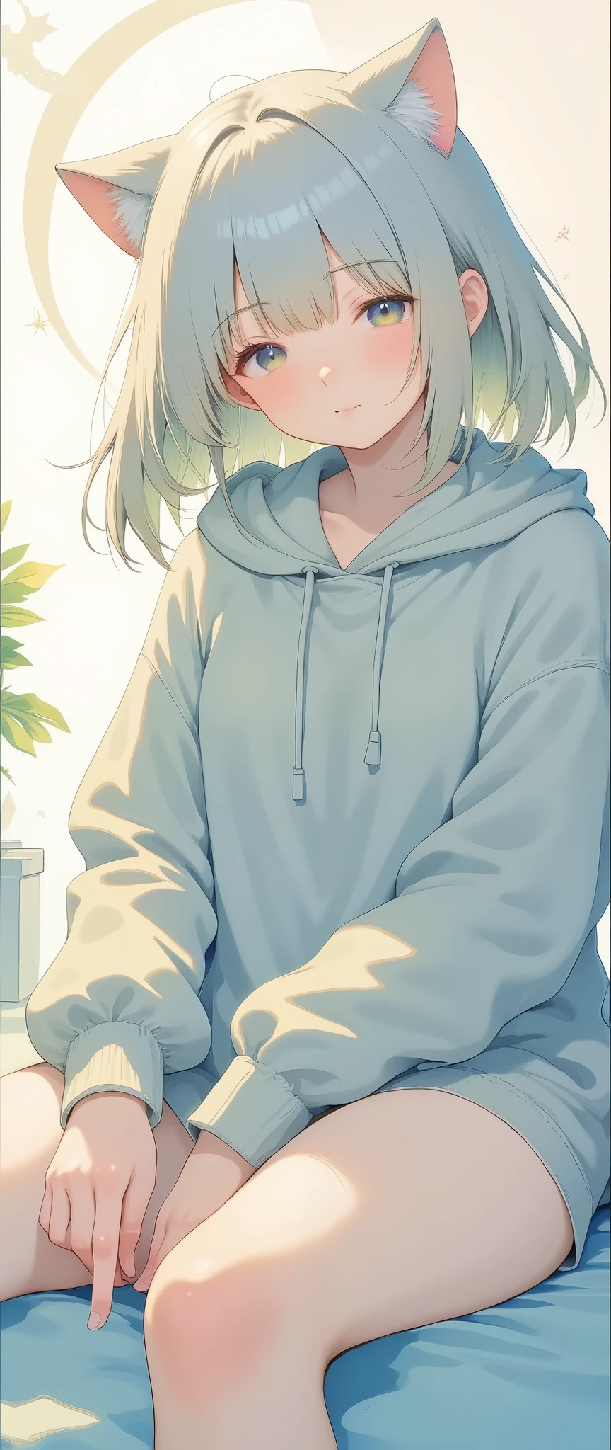 (masterpiece:1.2,EXCEPTIONAL QUALITY ,Mirror finish, Cinematic Experience, best illustration ),8k,16k,(wallpaper),(Cat ear girl:2.0),(Cat girl:2.0),(anime:2.0),(Cat ear girl wearing grey sweatshirt hoodie:2.0),(Lying on the bed :2.0),(Looks sleepy:2.0),(morning),(Warm sunshine shining through the window :2.0),(Healing:2.0), Very simple design ,(anime artwork:2.0),(Cute design:2.0)
