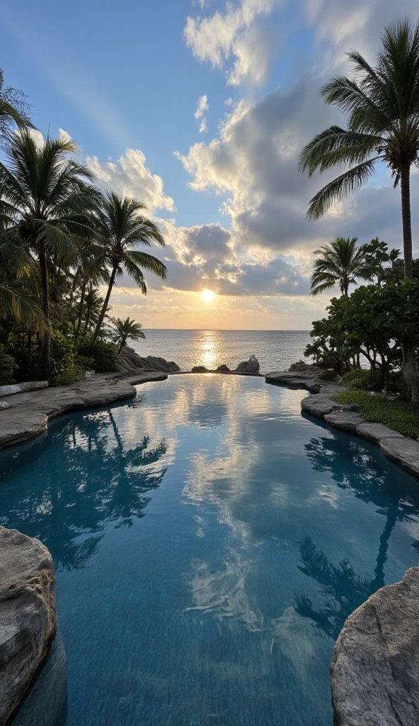 Professional photo of a paradise pool in the crystal ocean at sundown, real photography, overexposed, underexposed