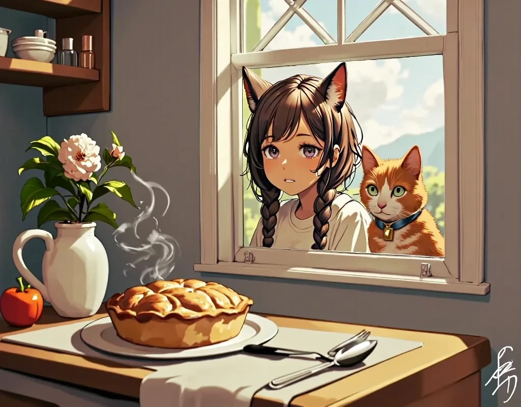 masterpiece, top quality :1.2,(A girl and a cat are drawn at the back of the window sill),(open her mouth,drool from her mouth),（ she has big black eyes),(she stares at the apple pie),apple pie on the kitchen table ,smoke,alone,girl,cat-eared girl,she peeks into the kitchen through the window,her hair is dark brown, braids, beside a calico cat , The cat has a bell collar ,gentle and cute illustration,focus on girl's face,high details,