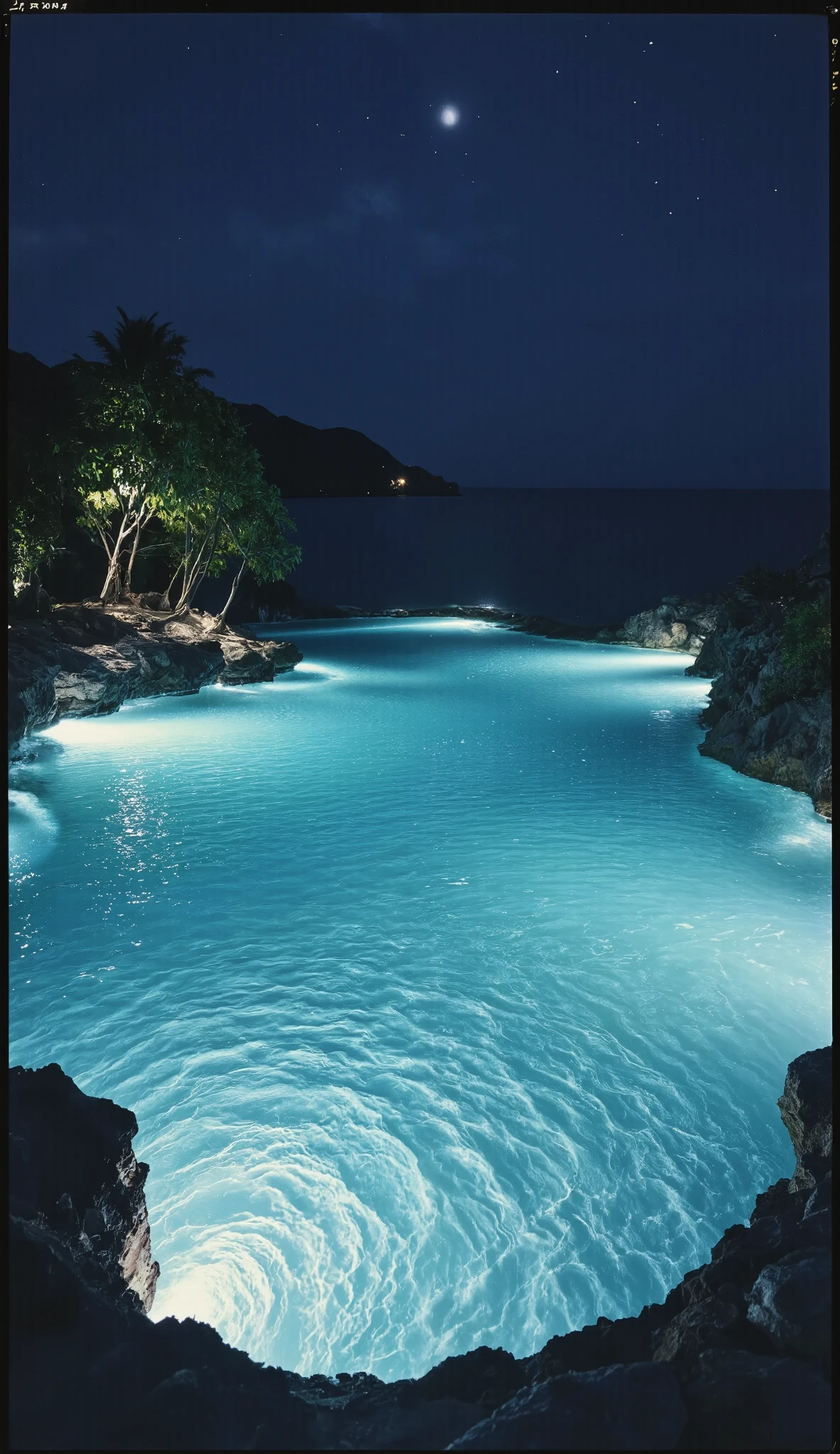 polaroid photo of a paradise pool in the crystal ocean at midnight, real photography, overexposed, underexposed