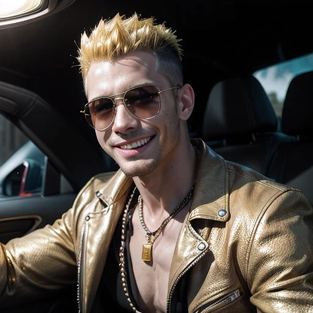 masterpiece, best quality, ultra-detailed, realistic, (1man, gold mohawk, smile:1.3),(black leather jacket),(sunglass),(nacklace), (convertible car:1.4), BREAK (cinematic lighting:1.3)