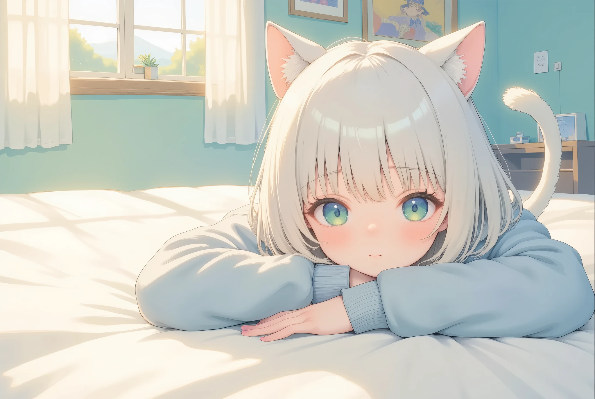 (masterpiece:1.2,EXCEPTIONAL QUALITY ,Mirror finish, Cinematic Experience, best illustration ),8k,16k,(wallpaper),(Cat ear girl:2.0),(anime:2.0),(グレーのスウェットパーカーを着たCat ear girl:2.0),(ベッド:2.0),(あくびをする:2.0),(Looks sleepy:2.0),(morning),(Warm sunshine shining through the window :2.0),(Healing:2.0), Very simple design ,(animeアートワーク:2.0),(Cute design:2.0)