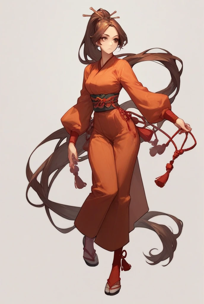 A girl with fair skin, long brown hair tied into a tight, high topknot style, accompanied by a waist-length ponytail with parted bangs, brown eyes, as she wears a full body red and white kunoichi outfit