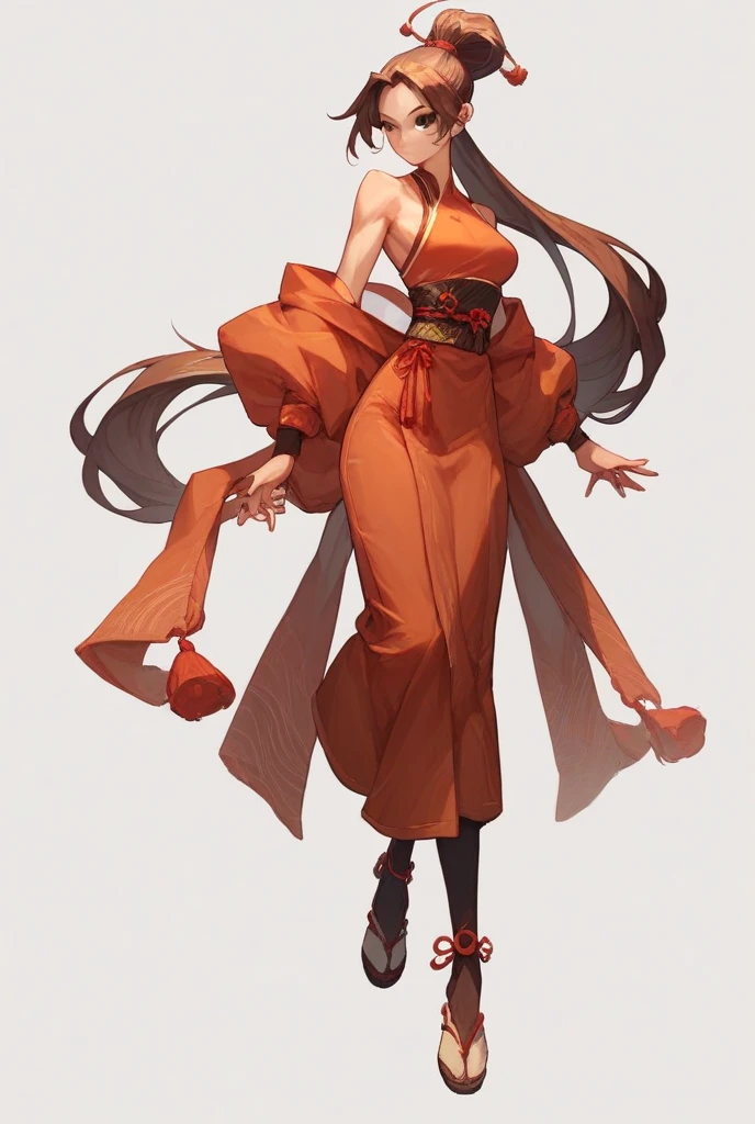 A girl with fair skin, long brown hair tied into a tight, high topknot style, accompanied by a waist-length ponytail with parted bangs, brown eyes, as she wears a full body red and white kunoichi outfit