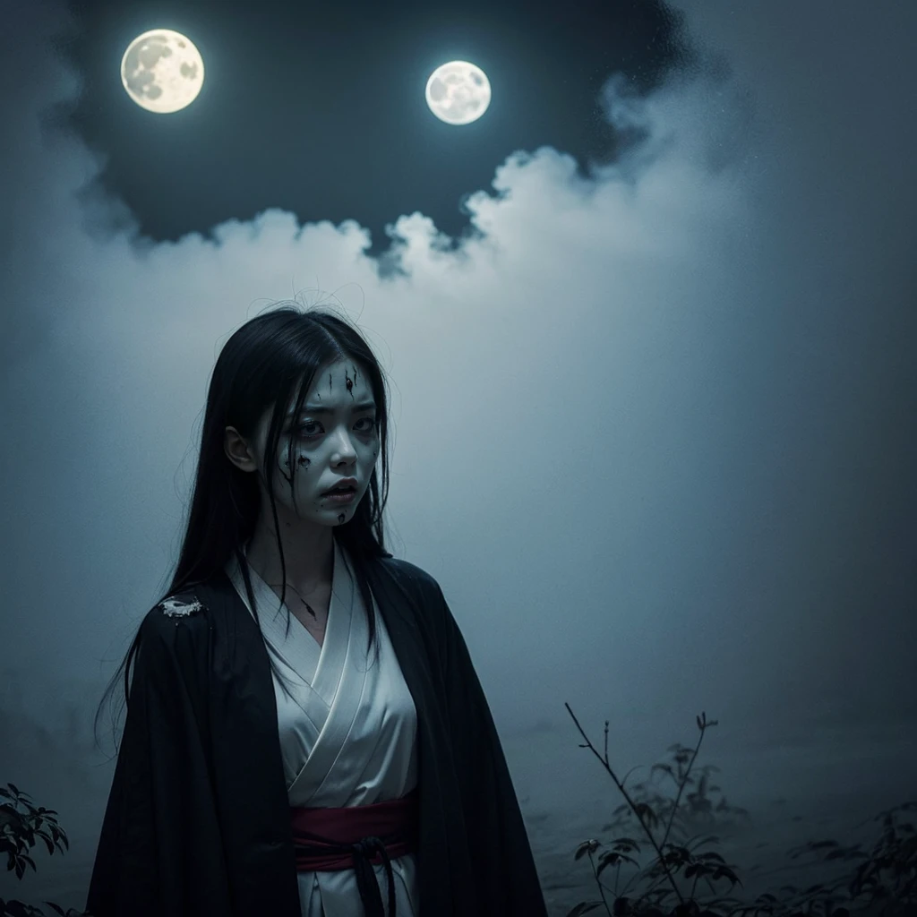 "Include blood, gore, violence, wounds, injuries, corpses, decay, rotten elements, horror elements, scary faces, monsters, grotesque details, mutilation, dismemberment, dark themes, disturbing content, graphic content, explicit content, nightmarish elements." Include unsettling details, with intense focus on sharp, menacing features. Emphasize dark, shadowy elements that obscure and distort, creating a sense of impending doom. Add bloodstained textures and fractured surfaces to enhance a gruesome, nightmarish effect. Incorporate twisted, elongated limbs or appendages that move unnaturally. Highlight eerie, glowing eyes that pierce through darkness, reflecting a deep malevolence. Add hints of decaying or decomposing elements to suggest an ancient, cursed being. Use jagged, irregular forms and sharp edges to evoke a feeling of dread. Surround the figure with an aura of oppressive, foreboding darkness that creeps into every corner of the scene **Prompt:** Create an ultra-realistic 8K image of Yuki-onna, the snow spirit from Japanese folklore, reimagined as the terrifying star of a horror movie. Yuki-onna retains her iconic features: pale, almost translucent skin that glows eerily in the moonlight, and long, jet-black hair that cascades down her back, partially obscuring her face. Her icy blue eyes pierce through the darkness with a haunting, otherworldly gaze. She wears a tattered white kimono that blends into the snowy landscape, making her appear as if she is emerging from the very ice itself. The scene is set in a desolate, snow-covered forest under a full moon. The trees are bare, their twisted branches reaching out like claws. A chilling mist rolls through, shrouding the ground in an eerie fog. Yuki-onna stands in the foreground, her expression cold and emotionless, with a sinister smile just beginning to form. Her hands, elongated with sharp, claw-like nails, reach out as if to grasp the viewer, while the air around her freezes, creating a crackling sound that a