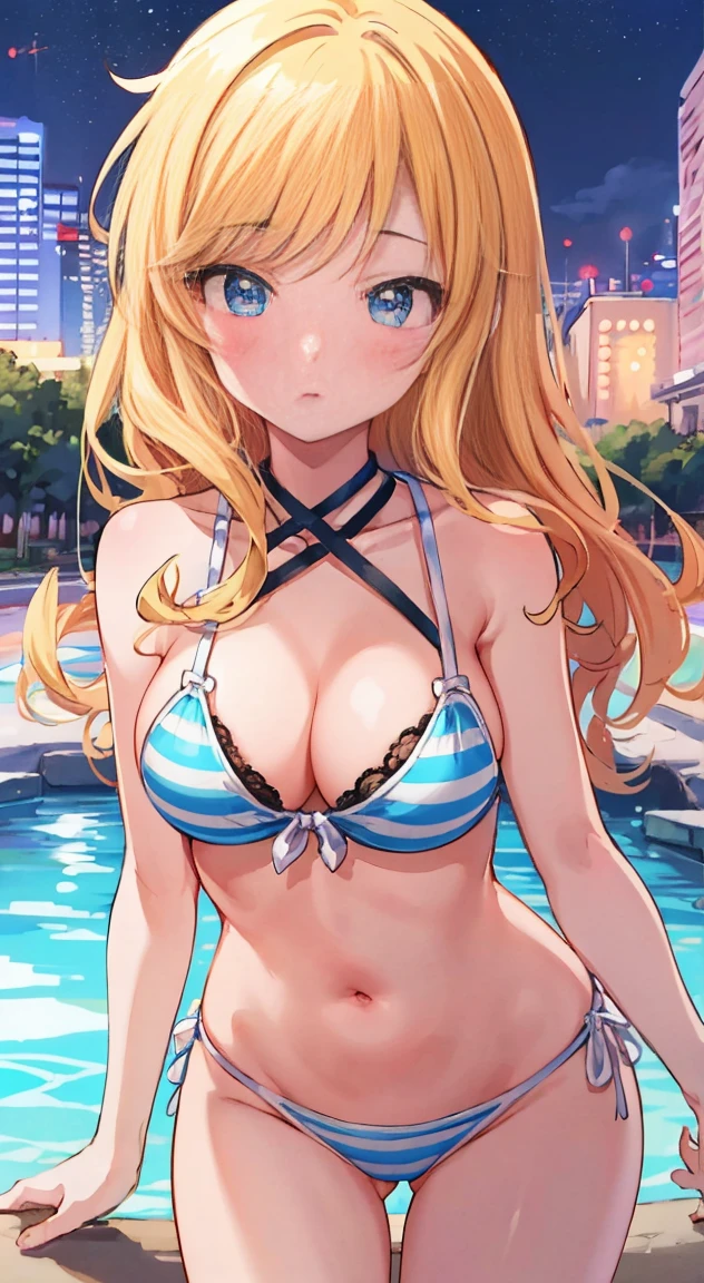 side tie panties,blush, full-face blush,masterpiece, highest quality, (anime screencap:1.3),(shape), cute,(simple:1), (anime:1.2),Solo Sharp Focus, 1 girl, cleavage,looking at the viewer, nighttime pools,Are standing,,(NSFW:1.2),bikini,pastel colour,beautiful hair,Horizontal stripes,heart shaped pupils,plaid pattern bra, plaid pattern panties,Tropicaljuice,glamorous,lovehotel,