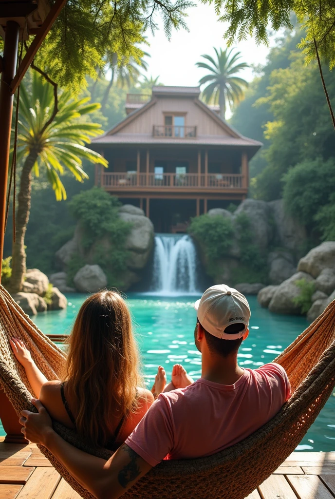 luxury holiday in scenic landscape amongst nature, natural pool water, in a canyon, the back of a man and woman middle age together happy, at night time with bright stars and moon and candle light,